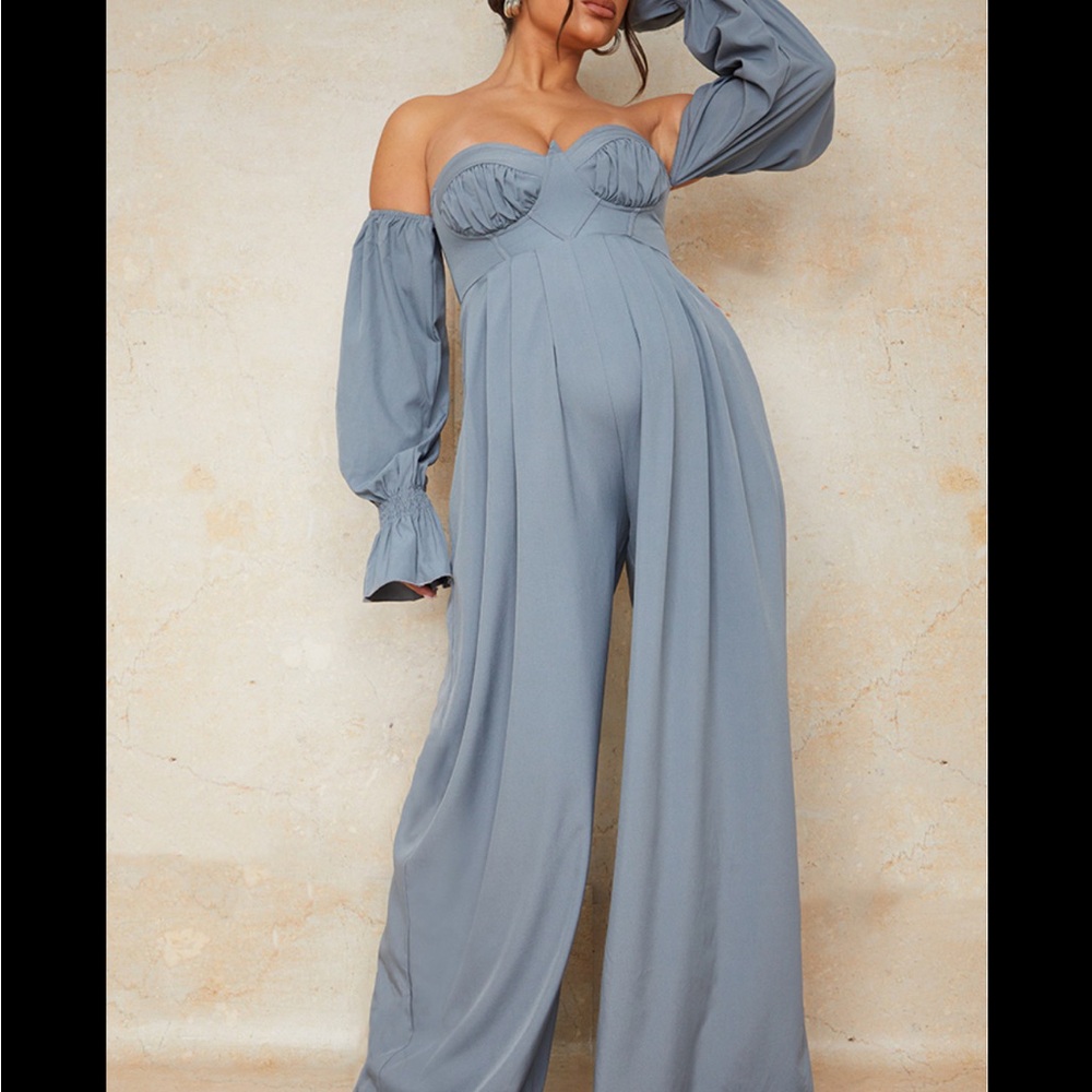 PrettyLittleThing Blue Off-Shoulder Jumpsuit with Wide-Leg Design
